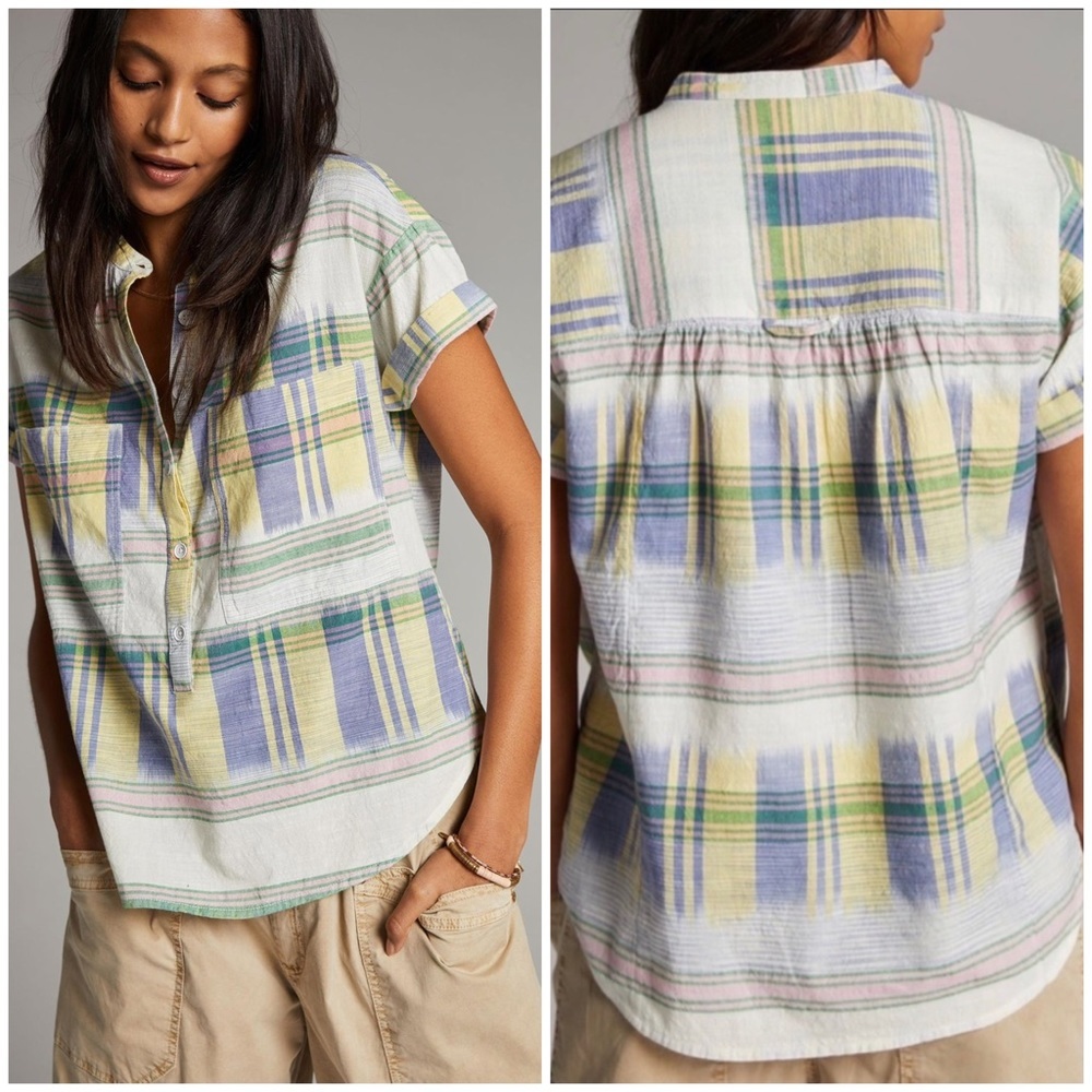 Anthropologie Pilcro Hannah Surf Blouse XS plaid blue yellow pink white green